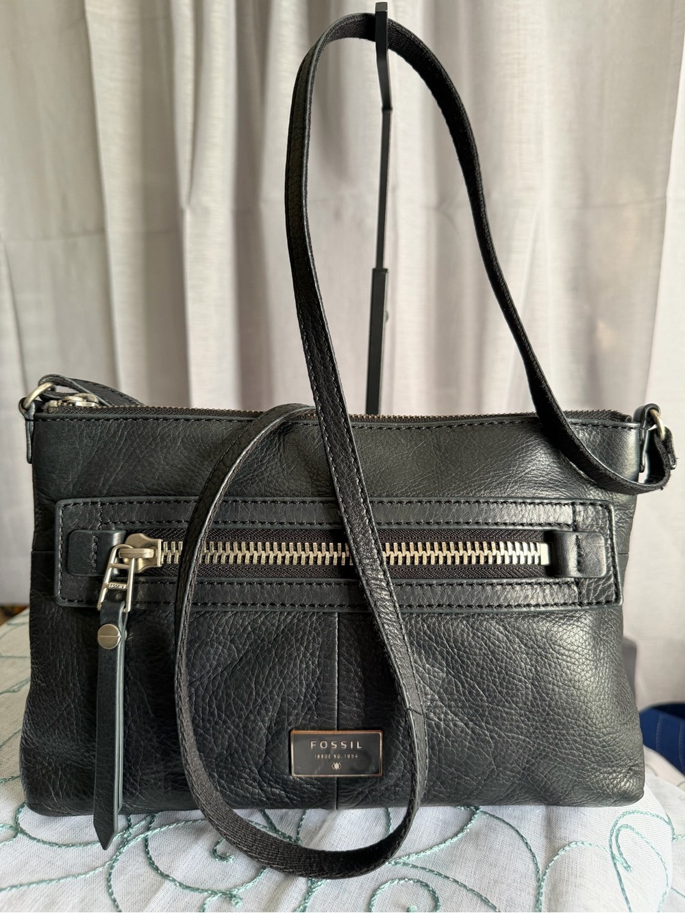 Fossil Black Leather Crossbody Bag with Silver Hardware